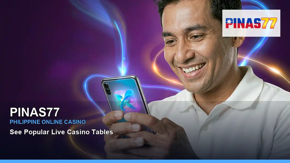 PINAS77 download mobile casino app featuring an adult Filipina casino host with a install arrow composition — view 2