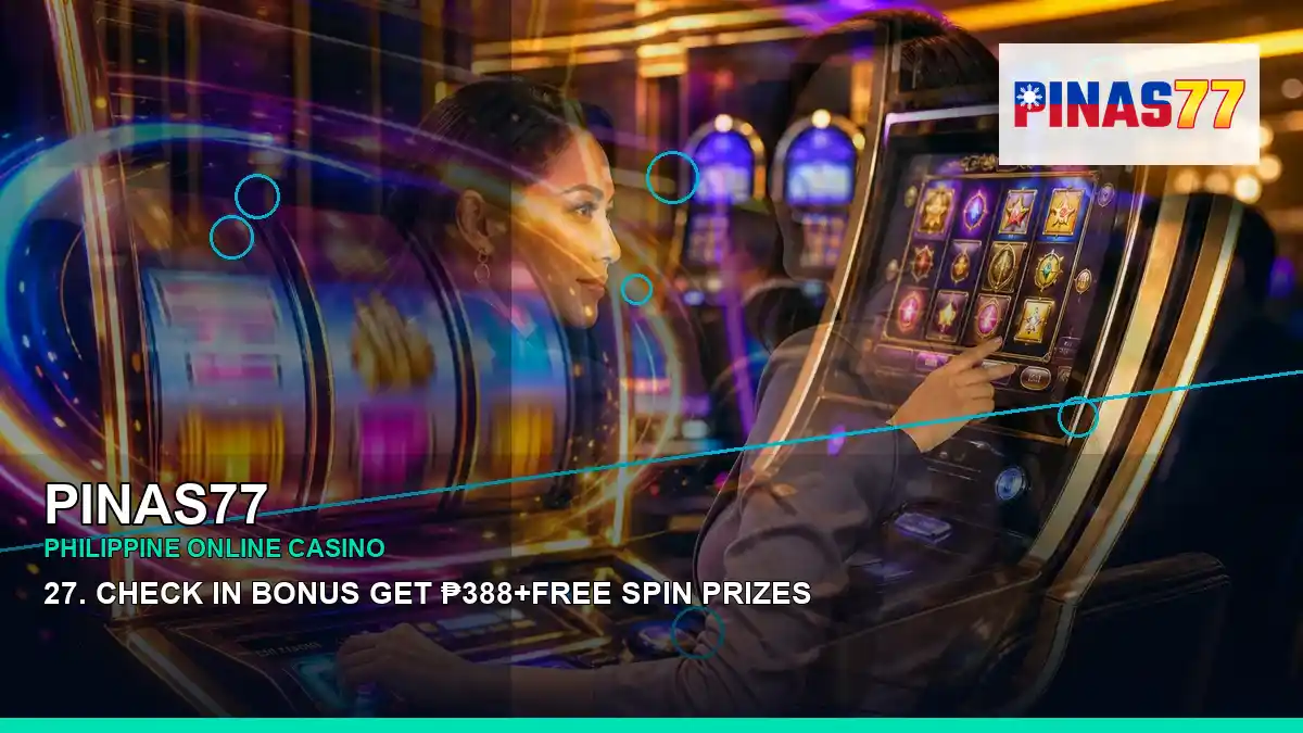 PINAS77 mobile casino first deposit rewards featuring an adult Filipina casino host with a left-diagonal composition